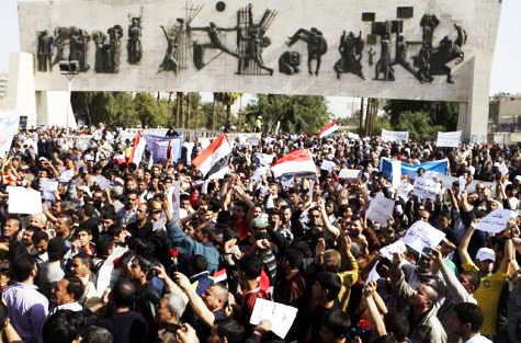 Iraq, 25 February: Over 5,000 demonstrators in Baghdad’s Tahrir Square angrily protest against corruption and unemployment and to demand decent public services. The demonstration was part of a “Day of Rage” protests across the U.S.-occupied country that were brutally attacked by the security forces. At least seven people were killed in the Baghdad demonstration.