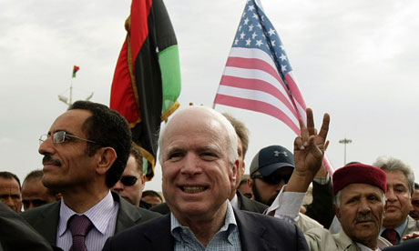 Sen. John McCain visits the Libyan Rebel capital to pledge American support. NATO intervention in Libya aimed to ensure that the dynamic of rebellions in the Middle East, which elsewhere had the potential to head in an anti-imperialist direction, would now turn towards the strengthening grip of the Western imperial powers over the Middle East