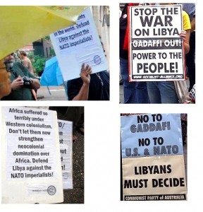 Left: Trotskyist Platform placards at the March 27 anti-imperialist rally emphasised the need to stand for the defence of semi-colonial Libya against NATO imperialists. Right: Groups that organised the later April 3 protest over Libya, opposed NATO bombing but either openly supported the pro-NATO Opposition or at best refused to oppose the drive for regime change led by these pro-imperialist “Rebels.
