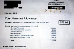 Mission Impossible: A jobless single mother trying to get by following the government’s slashing of the single parenting payment. Her Centrelink payment form, shown above and typical of the situation faced by many other single mothers, shows that, after payments for rent (which are shown here after Rent Assistance is deducted from rent costs), electricity and loan repayments for basic household electrical goods (this woman elected to have these repayments and her electricity costs automatically deducted), there is hardly anything left over! Even if the small court fine repayment did not exist, the amount she has left is not anywhere near enough to cover her own food, phone bills, medicine and transport for a fortnight – let alone clothing or any hope of entertainment! That means she is forced to use some of the meagre Family Tax Benefit payments, meant to help her pay for some of her three dependent children’s expenses, in order to survive. Her whole family is thus dragged into poverty. Tens of thousands of other families in Australia headed by single mothers face the same plight.