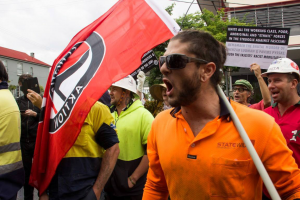 Protestors chant “Drive out the fascist filth!” at the successful 2nd May 2014 antifascist counter protest in Brisbane which brought construction workers from the CFMEU, BLF and ETU unions together with anarchists, Trotskyist Platform supporters, members of the Socialist Alliance and other anti-racists. 