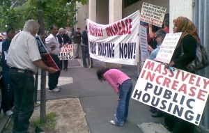 Sydney, 5 November 2009: Untied front protest outside the office of then federal housing minister, Tanya Plibersek, demands a massive increase in public housing. Several speakers at the Trotskyist Platform initiated rally condemned the then ALP federal government for undermining public housing. Today, some ALP politicians who are now in opposition, including Tanya Plibersek, pretended to be friends of public housing even though the last ALP federal government worked with the then NSW ALP state government to organise the sell-off of hundreds of public housing units in the Campbelltown area in outer Sydney.