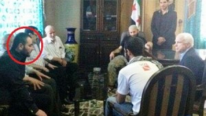 Syria, May 2013: Prominent U.S. Republican Senator John McCain goes to Syria to meet with the “Rebel” forces to discuss U.S. supply of arms and money. After the meeting, McCain stated that it was “a very moving experience to meet these fighters” and called for even greater U.S. support to these “Rebels” whom he described as “moderates.”  The photo which was published at the time by CNN, McCain is talking to none other than ISIS leader Abur Bakr al-Baghdadi (shown encircled in photo). 
