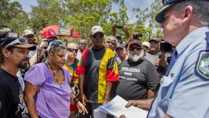 February 2014, Logan, Queensland: Aboriginal woman Sheila Oakley heads a protest rally. She had been blinded in one eye after police outrageously tasered her in her own home.