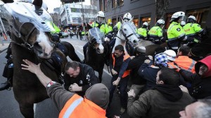 Melbourne, September 2012: Mounted police in “democratic” Australia attack striking CFMEU construction workers outside the Grocon-Myer building site.