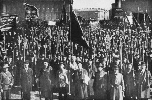 Petrograd, Russia: Revolutionary Red Guards massed during the October 1917 socialist revolution.