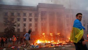 May 2, Odessa: Mass murder! Ukrainian fascists set alight the city’s Trade Union Hall where embattledanti-government activists were holed up. Over 40 opponents of the post-February right wing regime were murdered.