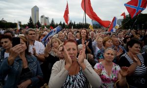 A large rally in Donetsk celebrates the anniversary of the liberation of the Donbass from fascism during World War II. The Donbass rebel movement combined just opposition to discrimination against Russian speakers with, on the one hand, reactionary Russian nationalism and, on the other hand, healthy sympathy for the former Soviet Union and hatred of fascism. However, the bitterness of the recent war and the presence of fascists fighting on both sides have served to increase the strength of Russian nationalists/chauvinists in the rebel movement as the war has progressed.