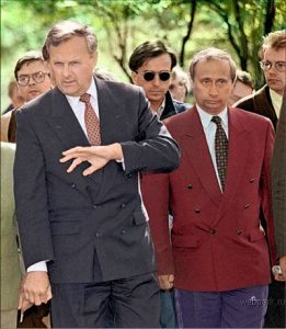 Putin with former Leningrad/St Petersburg mayor Anatoly Sobchak. Putin was an adviser to Sobchak when the latter was a key figure in promoting the counterrevolution that destroyed the former USSR.