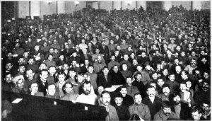 Meeting in Petrograd of the Third All Russia Congress of the Soviets in January 1918 – two and a half months after the Russian Revolution. The Soviet Congress was the highest body of the workers state. It consisted of delegates of workers – and also peasants and soldiers – elected by local grassroots soviets in which the active masses exercised direct political power. The early years after the Russian Revolution saw the workers state administered through this system based on proletarian democracy. Although the system of soviet democracy was strangled by the subsequent bureaucratic degeneration of the USSR, the USSR remained a workers state until it was destroyed by capitalist counterrevolution in 1991-92.