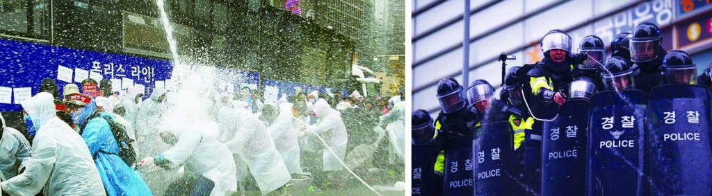 14 November 2015, Seoul: Capitalist South Korea’s brutal police unleash water cannon, pepper spray and tear gas to disperse a 70,000 strong anti-government demonstration of workers and civil rights activists.