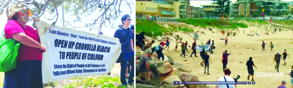 Taking the Beach: A chunk of the demonstrators at the 12 December 2015 anti-racist action in Cronulla jumped down rocks to symbolically stand on part of the beach where ten years earlier it was racist hordes who violently rampaged and where since the riot the number of coloured people using the beach has drastically diminished. A task remains for the workers movement and Left to build a mass convoy of trade unionists, coloured people and anti-racists to go from Sydney’s multiracial, working class southwest to Cronulla Beach to assert the right of people of all colours to safely use this public space and to finally re-open the beach to coloured people. One of the Trotskyist Platform banners carried at the December 2015 demonstration (Left) advocated this perspective.