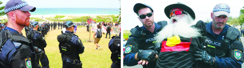 On the day of the December 2005 Cronulla riot the police forces present were strikingly minimal even though the police’s own intelligence made clear to them that a large, explosive rate hate mobilisation would occur. Yet when anti-racists mobilised ten years later, the police were unleashed in massive numbers to corral the anti-racist demonstrators (Left) and to protect the violent racists who had gathered to celebrate the December 2005 riot. The police even in a very cowardly manner arrested a one-armed Aboriginal man in his late 50s (Right) – one of two anti-racists that they arrested on the day.