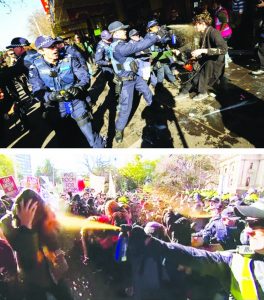 Melbourne, 18 July 2015: Police viciously attack anti-racism protesters demonstrating against a rally by the far-right Reclaim Australia/United Patriots Front groups. Police did everything to facilitate the rally by the racist violence-inciting fascist groups.