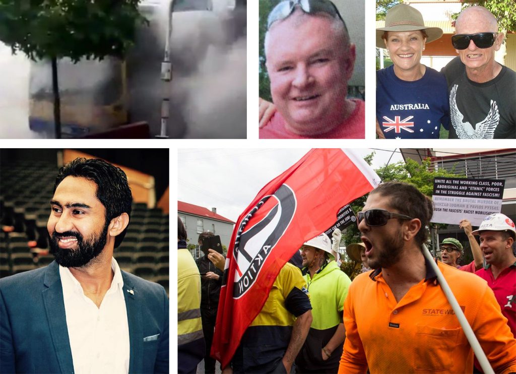 On October 28, Indian-born Brisbane bus driver Manmeet Alisher (Left) was murdered by Anthony O'Donohue (Above). The killer boarded the bus and heinously set the driver alight in what was manifestly a racist attack. The attack by the white terrorist also caused the bus to burn down, threatening the lives of many passengers when the bus was stopped in the multiracial suburb of Morooka. O'Donohue was known to hold fascistic views - including anti-union conspiracy theories. The election of hard right wing racist, Donald Trump, to the U.S. presidency and the ensuing emboldening of far right Australian politicians like Pauline Hanson (Far Right - posing for a photo with notorious Sydney Nazi, Ross “Skull” May) will incite further white supremacist terror. Mass moblisations of trade unionists and all the intended victims of the fascists must drive violent racist filth off the streets – such as happened in Brisbane on 2 May 2014 (Below). On that day a large contingent of unionised construction workers joined tother with anarchists, Trotskyist Platform supporters and other leftists and anti-racists to shut down an attempted march by the fascist Australia First Party.